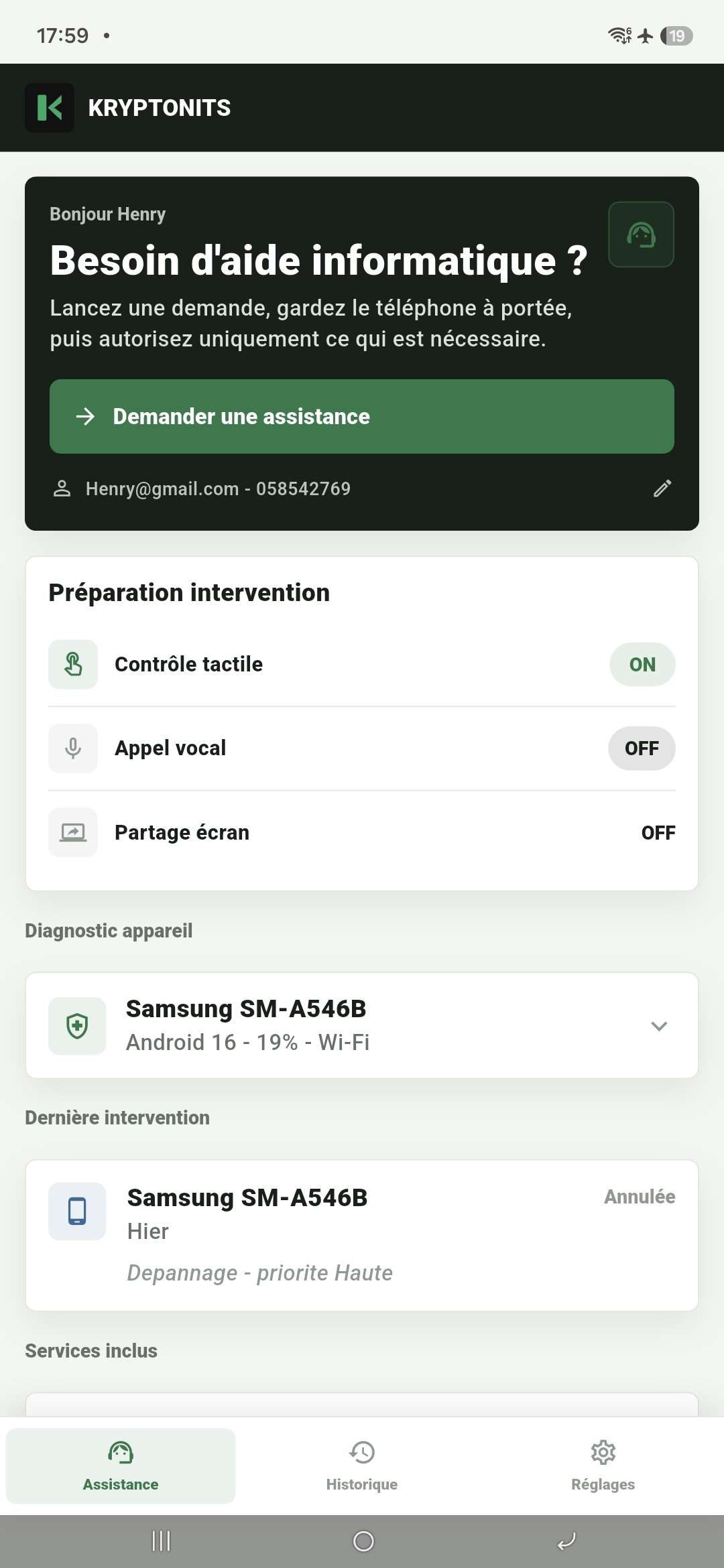 Écran d'accueil réel de l'application Kryptonits Assistance avec demande d'aide, préparation intervention et diagnostic appareil.